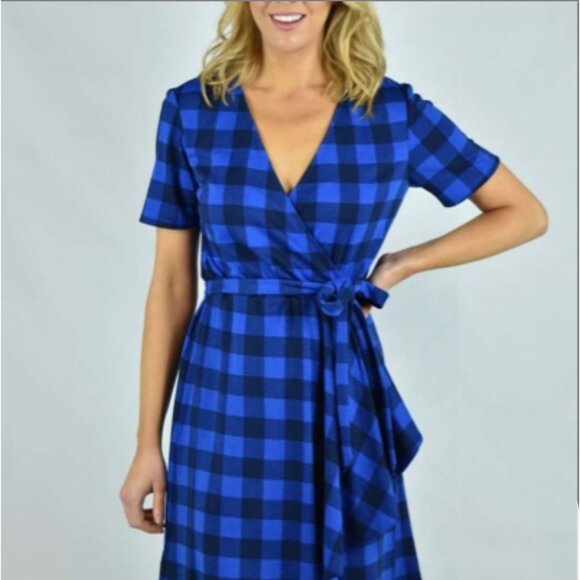 Draper James‎ Faux Wrap Dress Women's Size Small Buffalo Plaid Nassau Navy Rayon - Picture 2 of 11